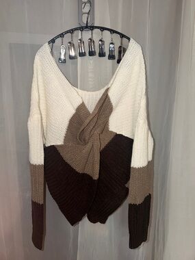 Off-the-Shoulder Colorblock Knit Sweater in Cream and Brown